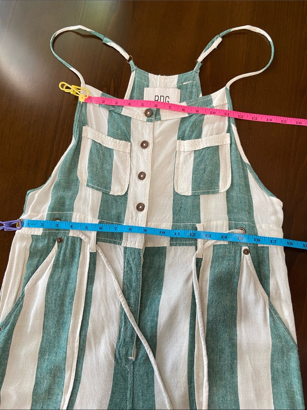 BDG Teal and Cream Striped Button-Front Jumpsuit (dungarees) with skinny straps - Picture 10 of 16